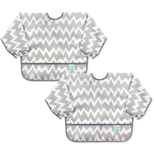 Bumkins Sleeved Bib, Waterproof Fabric, Gray Chevron, 2-pack