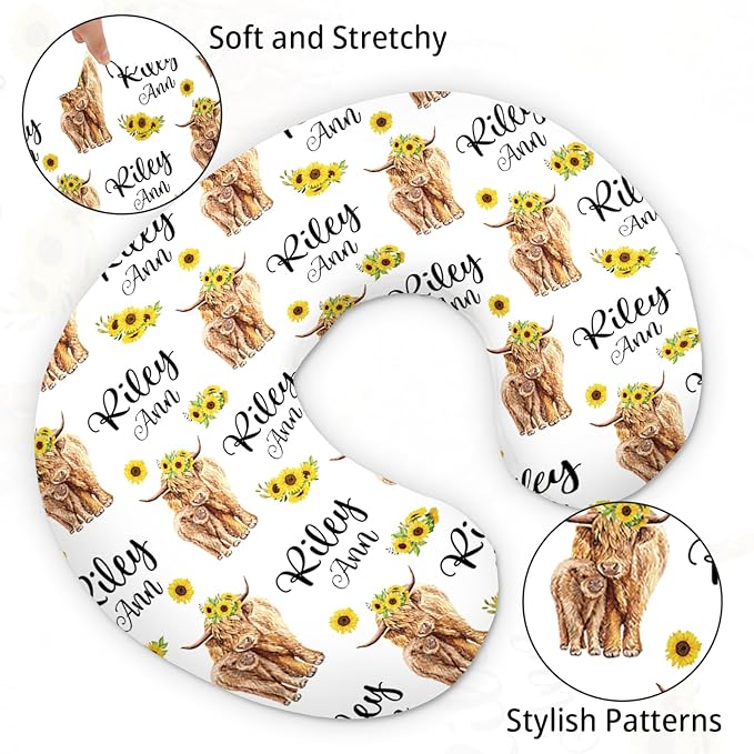 Baby Nursing Pillow Cover - Personalized Name Breastfeeding Pillow Cover with Highland Cattles Pattern, Stretchy Removable U-Shaped for New Moms, Soft Breathable Slipcover for Infant Boys Girls