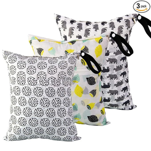 EZ Moms 3 Pcs Reusable Waterproof Wet Bag With Two Pockets For Diaper Pouch Wet Dry Bag For Breast Pump Parts Wet Bag For Swimsuit Waterproof Bags For Swimming Wet And Dry Bags For Baby