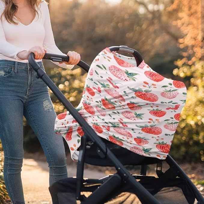 Coldinair Strawberry Baby Car Seat Covers,Soft Stretchy Nursing Cover Breastfeeding Scarff,Infant Stroller Cover for Girls and Boys
