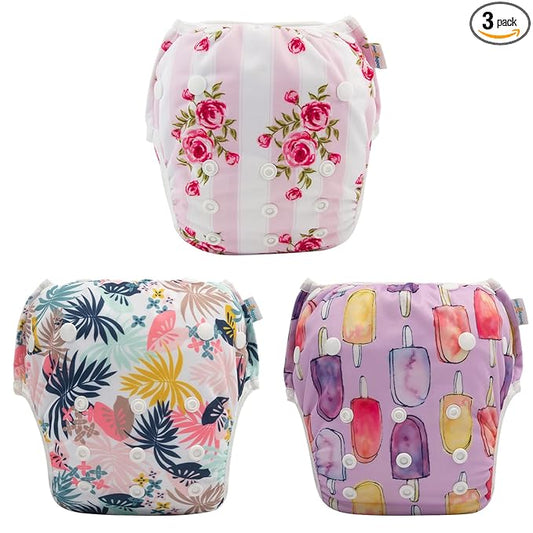 Babygoal Baby Girl Swim Diapers 3 Pack for 0-8 Months Infant, Reusable Adjustable Washable for Swim Class-Flower