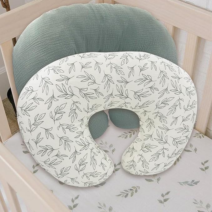 Nursing Pillow Cover - 2-Pack Muslin Cotton Removable Covers for Breastfeeding Pillows, Ultra-Soft Baby Feeding Pillowcase for Boy & Girl, Fits 22.5"x18" Pillows (Green Leaf & Sage Green)