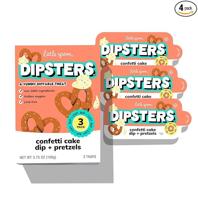 Little Spoon Confetti Cake Dip + Pretzels Dipsters, Big Kid Favorite Dunking Snack with Hidden Veggies, Organic Oats, Carrot & Butternut Squash, Maple Sweetened, Non-GMO, 2g Plant Protein, 3 Trays per Pack, Total of 12 Trays