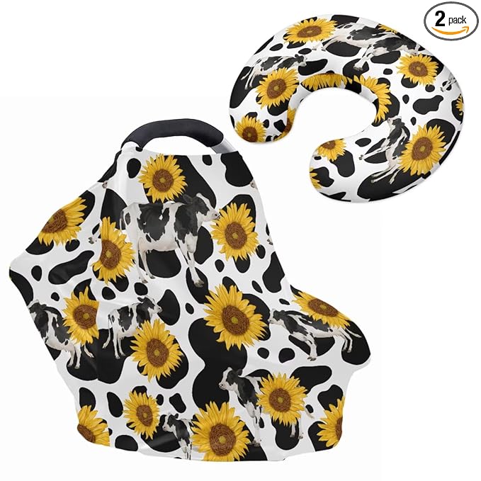 Sunflower Cow Baby Car Seat Cover with Nursing Pillow Case Set of 2, Stretchy Comfort Nursing Cover for Breastfeeding, Carseat Canopy, High Chair Protectors