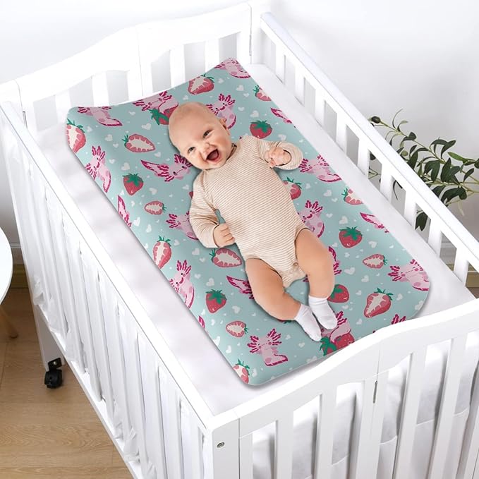 GOSTONG Axolotl Strawberry Baby Changing Table Cover for Toddlers Removable Soft Breathable Stretchy Diaper Changing Pad Sheets, Newborn Washable Changing Mat Covers