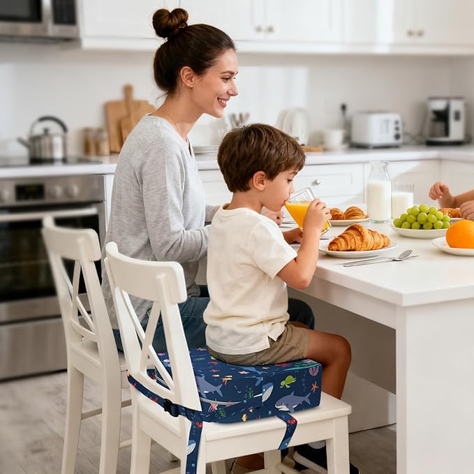 Toddler Booster Seat for Dining Table Kitchen Chair, Kids Booster Seat with Non-Slip Bottom and Adjustable Straps, 4" Detachable Washable Portable Travel Increasing Cushion (Undersea World)