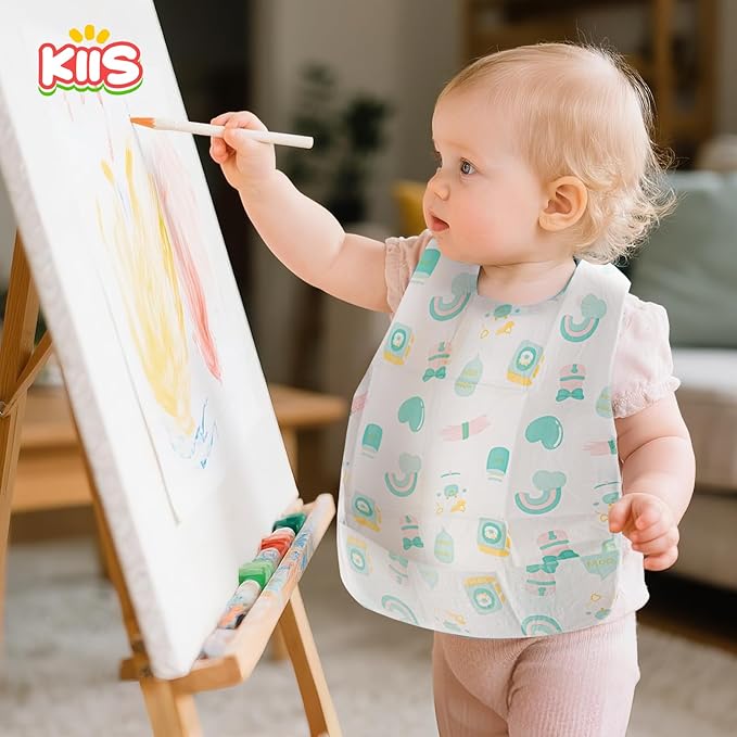 KIIS Disposable Baby Bibs, Waterproof Smock Bibs, Full Coverage for Toddlers & Kids, Mess-Free Feeding for Travel & Daycare