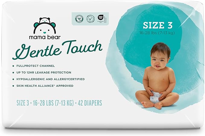 Amazon Brand - Mama Bear Gentle Touch Baby Diapers, Size 3, 42 Count, Wetness Indicator, Stretchy Waistband, Skin Health Alliance Approved