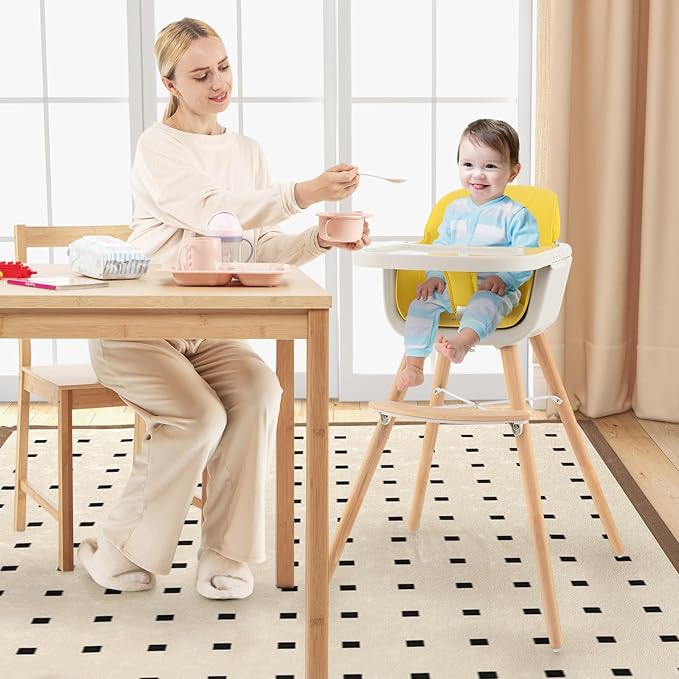 HONEY JOY Baby High Chair, 6-in-1 Eat & Grow Wooden Highchair/Toddler Chair with Removable Tray, 5-Point Harness, PU Cushion and Footrest, Convertible High Chair for Babies and Toddlers(Yellow)