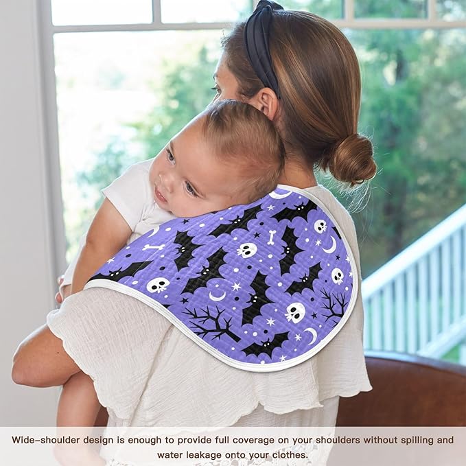 Muslin Burp Cloths for Baby Boys and Girls - 2-Pack Ultra Absorbent Halloween Bats Muslin Washcloths, Newborn Towel, Milk Spit Up Rags, Burp Cloth Bibs for Unisex, 22 x 11 Inch