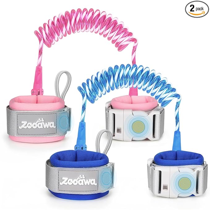 Toddler Leash 2Pack, Toddler Kids Harness Anti Lost Wrist Link with Magnetic Lock, Reflective Safety Walking Harness Wristband Leashes for 2,3,4 Years Old Boys Girls, Blue+Pink