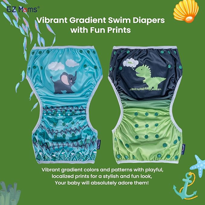 EZ Moms Baby Swim Diapers Reusable 2Pcs Snap One Size Adjustable Washable Newborn Infant Swim Diaper with a Shammy Towel for Baby Boy Water Diaper Waterproof Swimming Diapers for Swimming Lessons