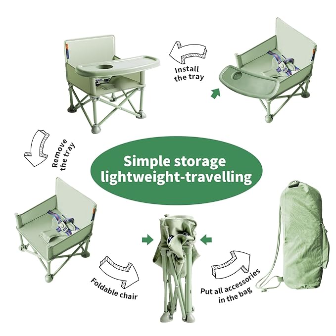 New Portable Travel Booster Seat with Tray|Foldable Infant Seat Booster Dining Chair|Great for Camping, Beach, Lawn|Toddler, Child Camping Chair 6 Months - 3 Years Old (Green)