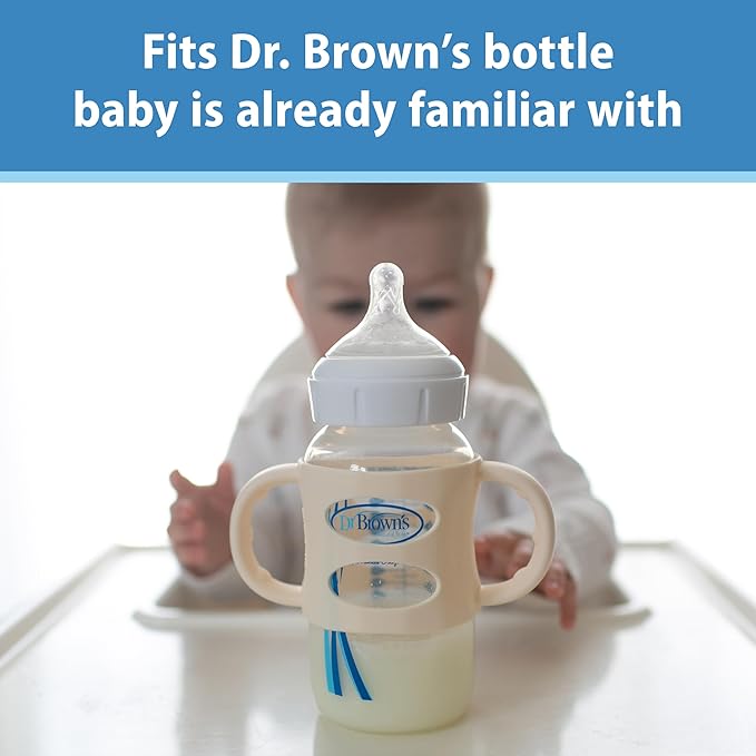 Dr. Brown's Natural Flow Level 3 Wide-Neck Baby Bottle Silicone Nipple & Milestones™ 100% Silicone Baby Bottle Handles, Wide-Neck, Light Blue, Green, Gray, 3 Pack, 4m+