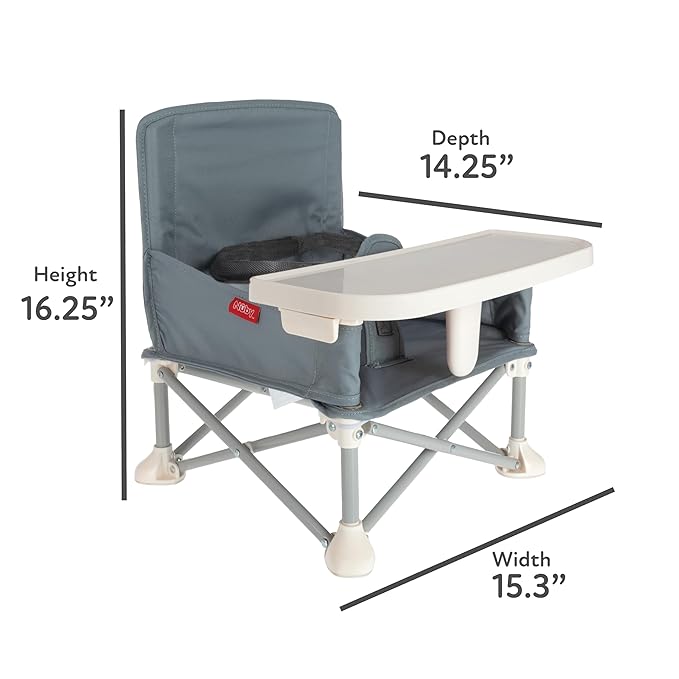 Nuby Pop-Up Booster Seat with Removable Tray - 6+ Months - Portable Booster Seat for Floor for Indoor/Outdoor Use - 3-Point Safety Adjustable Straps - Summer Travel Essentials - Gray