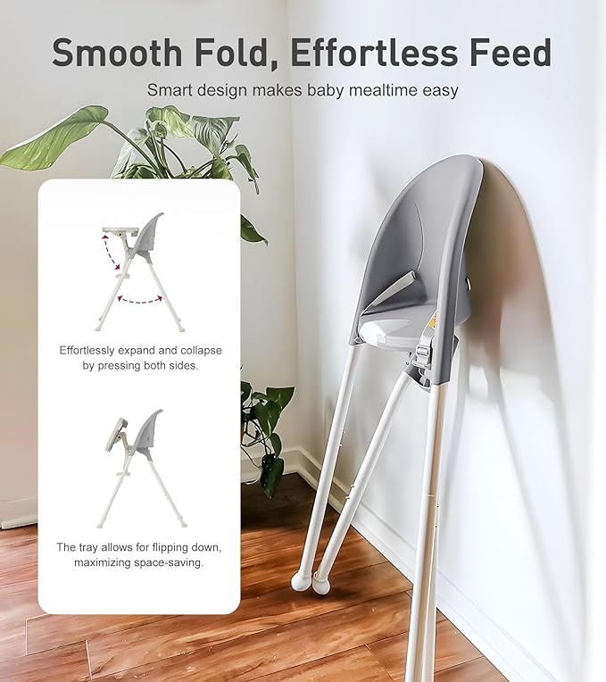 Mallify Foldable High Chair, Space-Saving Portable Baby High Chair with Removable Double Tray, Modern Convertible Baby Feeding Chair, Lightweight, Easy to Clean, Gray