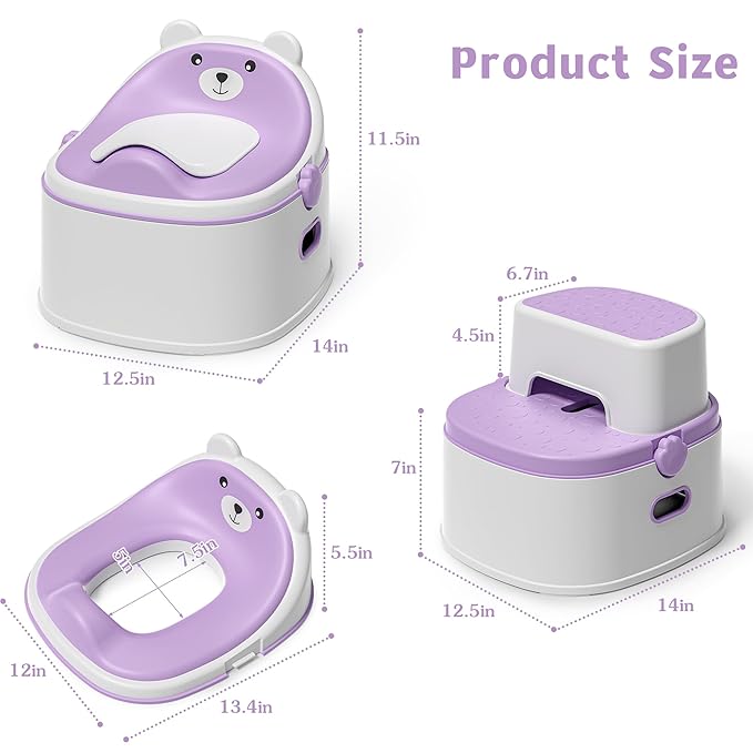 3-in-1 Potty Training Toilet, Portable Potty, Potty Training Seat and Toddler Step Stool, Easy Setup and Clean, Anti-Slip Toddler Potty Trainer for Boy Girl,Lavender