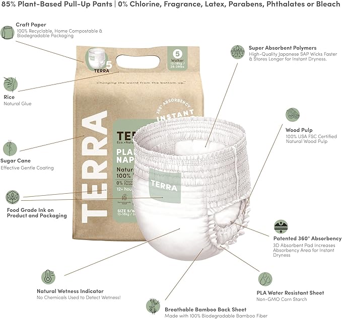 Terra Training Pants Size 5: 85% Plant Based Pull-Up Style Diapers, Ultra-Soft & Chemical-Free for Sensitive Skin, Superior Absorbency, Perfect Overnight Diapers, for Toddlers 28-39 Pounds, 14 Count