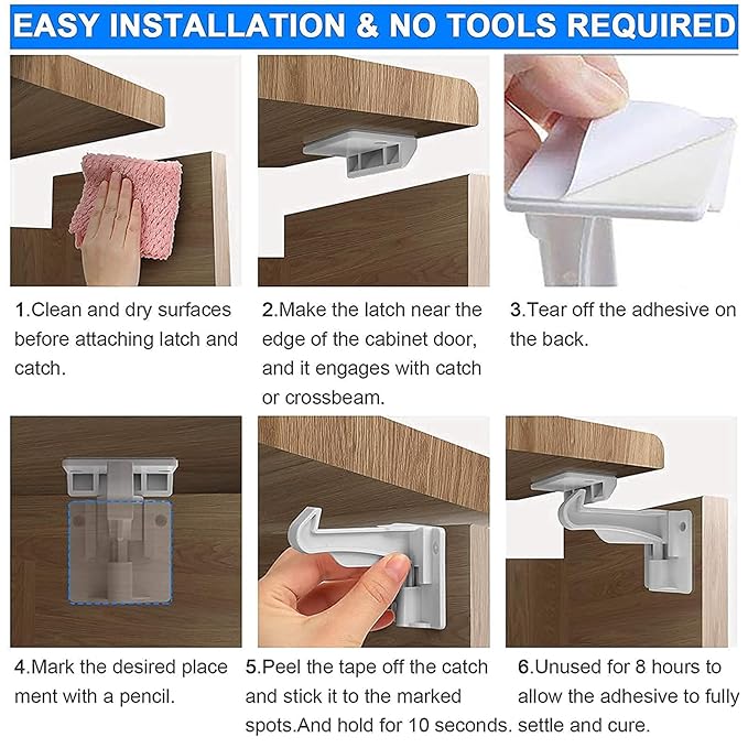 2 Pack Upgraded Invisible Baby Proofing Cabinet Latch Locks - No Drilling or Tools Required, Children Proof Cupboard Drawers Latches, Works with Most Cabinets and Drawers - Adhesive Easy Installation