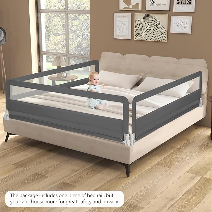 GLACER Foldable Bed Rail for Toddlers - 71" Bedrail w/Safety Straps, Child Lock & Removable Oxford Cover, Swing Down Baby Bed Rail Guard for Crib, Full, Twin, Double, Queen & King Bed (Grey, 1 Pack)
