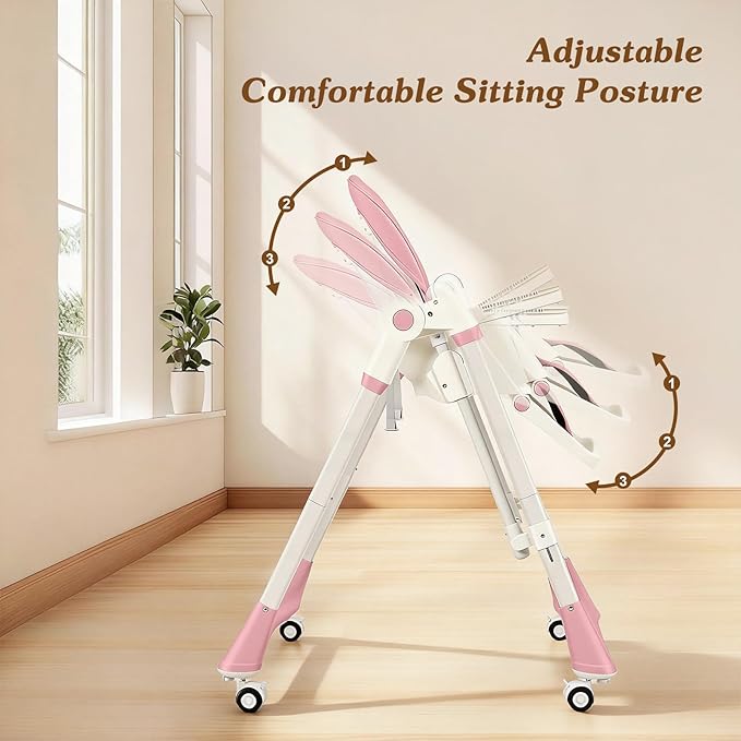 3-in-1 Baby High Chair | Convertible Baby High Chair for Babies and Toddlers | Brake Wheels, Easy Clean, Space Saving | Adjustable, Removable Tray (Pink)