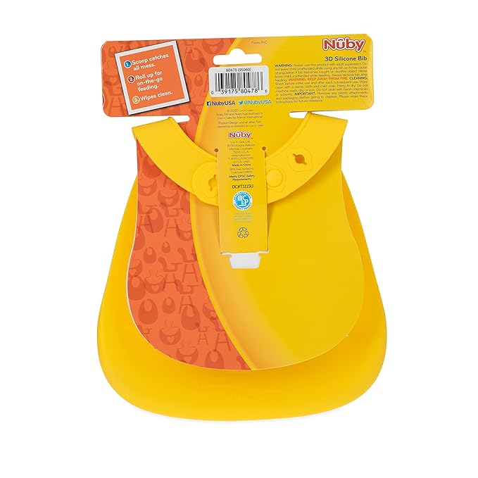 Nuby 3D Soft Silicone Baby Bib with Scoop - Silicone Bib for Toddlers and Babies 6+ Months - Yellow Daisy