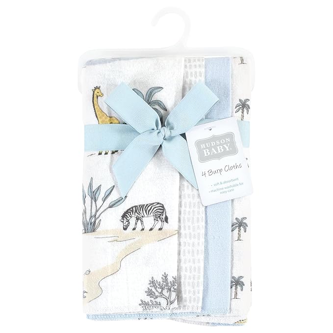 Hudson Baby Unisex Baby Cotton Flannel Burp Cloths 4-Pack, Boy Safari World, One Size