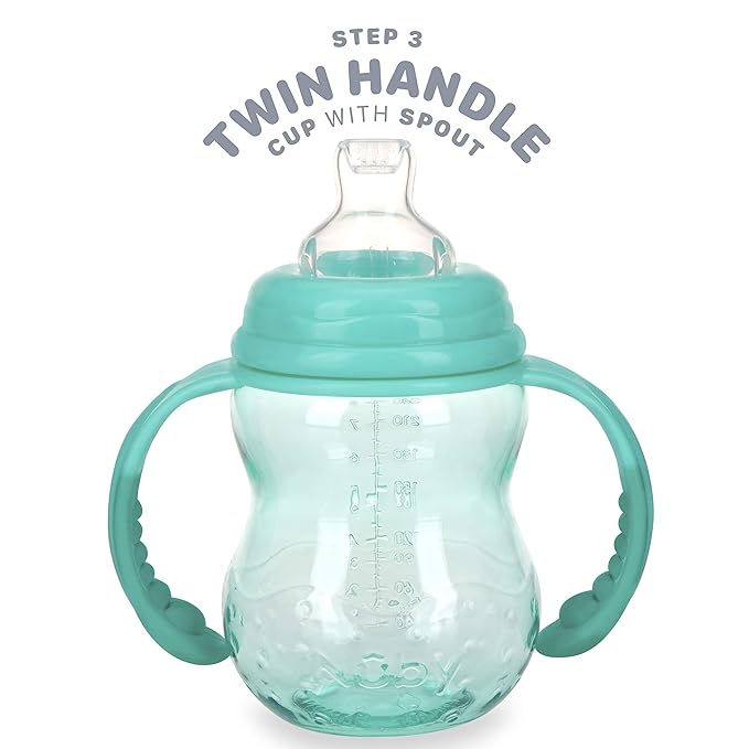 Nuby 3 Stage Tritan Wide Neck Grow with Me No-Spill Bottle to Cup, 8 Oz, Teal (Pack of 2)