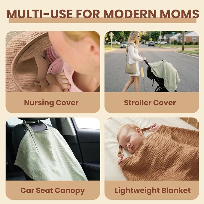 3 Pack Breathable Nursing Cover Up, Breastfeeding Essentials Chest Privacy Cloth Soft Cotton Lightweight Professional Apron Women New Mom Baby Shower Gift (Green Camel Khaki)