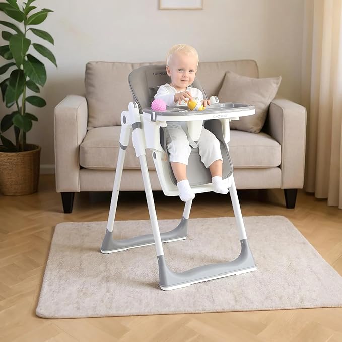Cochildor 3-in-1 Foldable High Chair for Babies & Toddlers – Adjustable Height, Reclining Seat, 5-Point Safety Harness, Removable Tray, Lockable Wheels, Washable Cushion – Portable & Easy Clean, Gray
