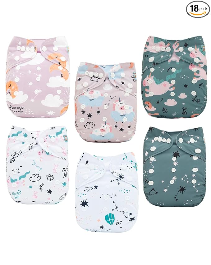 ALVABABY Baby Cloth Diaper 6 Pack with 12 Inserts One Size Cloth Diaper Covers Adjustable Washable Reusable for Baby Girls and Boys 6DM124