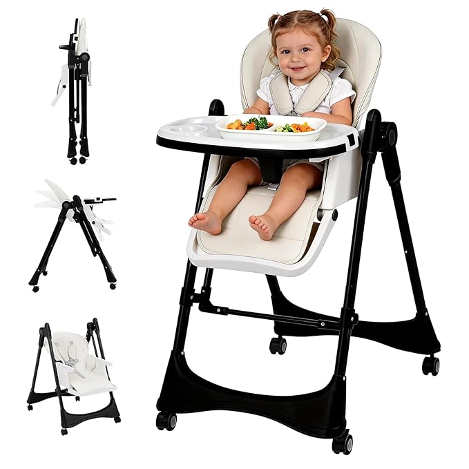 3-in-1 Baby High Chair | Convertible Baby High Chair for Babies and Toddlers | Brake Wheels, Easy Clean, Space Saving | Adjustable, Removable Tray (Black White)