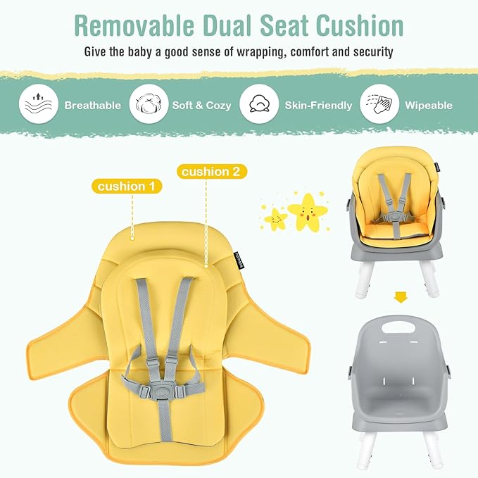 GLACER 8 in 1 Convertible Baby High Chair - Adjustable High Chairs for Babies and Toddlers with Removable Tray, Dual Cushions, Activity Table and Chair Set, Booster Seat, Stool (Yellow)