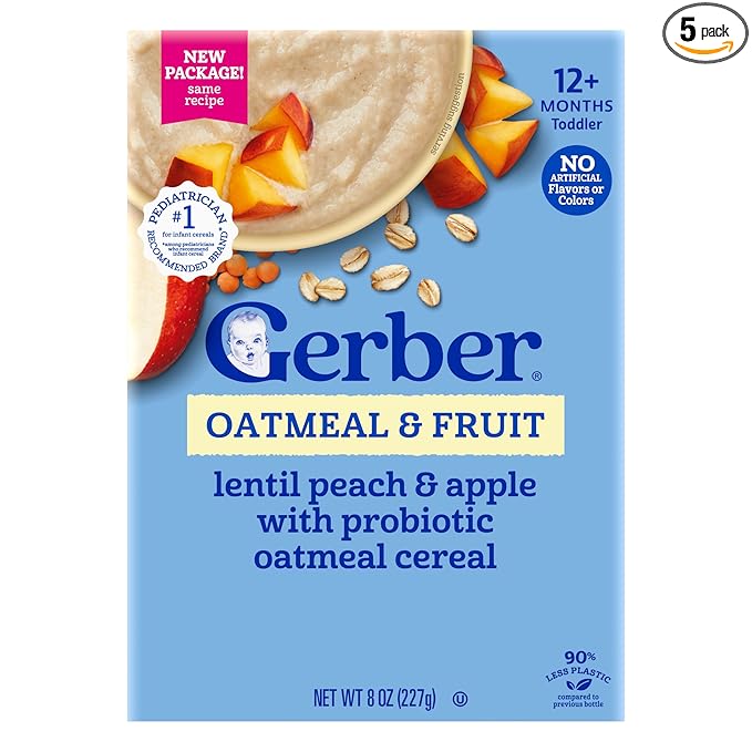 GERBER CEREAL FOR BABY POWER BLEND Toddler Oatmeal Lentil Peach Apple 5x8oz