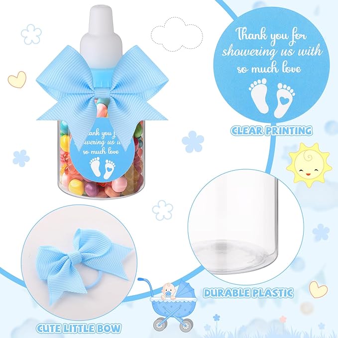 Teenyyou 48 Sets 3.5 Inch Blue Mini Baby Bottles for Baby Shower Party Favor Game Plastic Milk Bottles with Thank You Showering Stickers and Bows Thank You Gifts for Guests Candy Decor