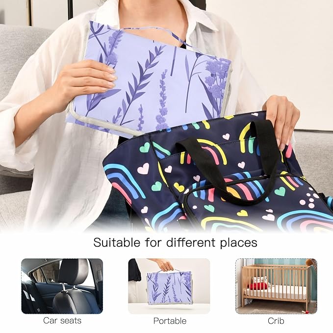 Lavender Portable Diaper Changing Pad,Waterproof Lightweight & Foldable Travel Changing Pad with Built-in Pillow for Newborn Shower Gifts
