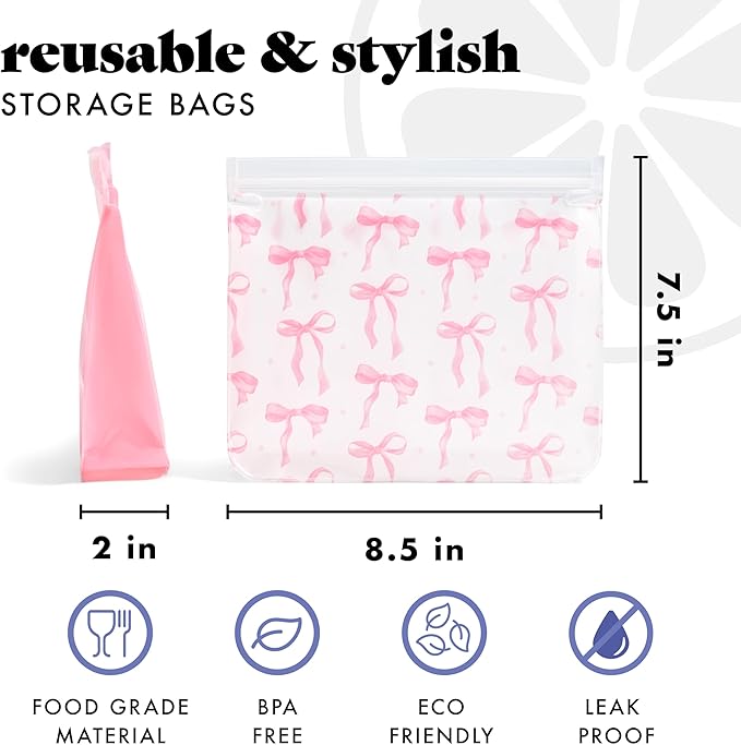 Fit & Fresh Reusable Sandwich Bags (3 Pack) – Leakproof Reusable Food Storage Bags, BPA-Free, Freezer Safe, Eco Friendly Bags for Snacks, Lunch, Meal Prep, Pink Bows
