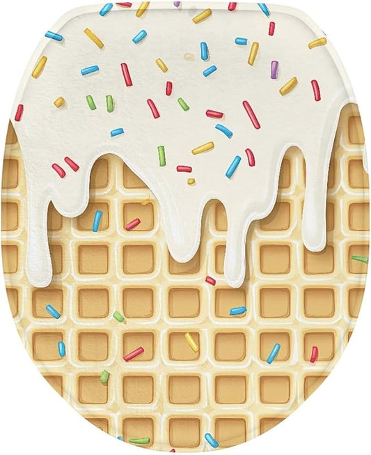 Bathroom Toilet Lid Seat Toilet Protector Dust Cover Soft Flannel Fabric Toilet Seat Cover Covers Stains, Stays Clean, Easy To Install Ice Cream Waffle Design Toilet Covers