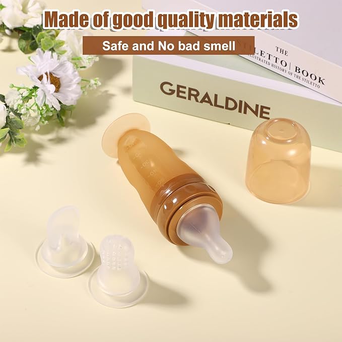 Baby Food Bottle, 3-in-1 Silicone Food Dispensing Squeeze Feeder Multifunctional Baby Milk Bottle Weaning Bottles with Dispensing Spoon, Regular Nipple and Fruit Puree Feeding Nipple