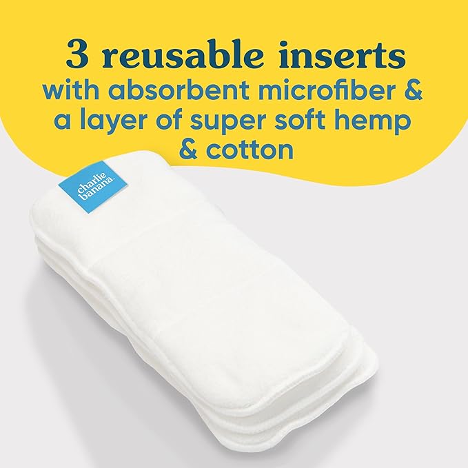 Charlie Banana Baby Super Absorbent Deluxe Reusable and Washable Hemp and Cotton Inserts for Cloth Diapers, One Size, 3 Pack