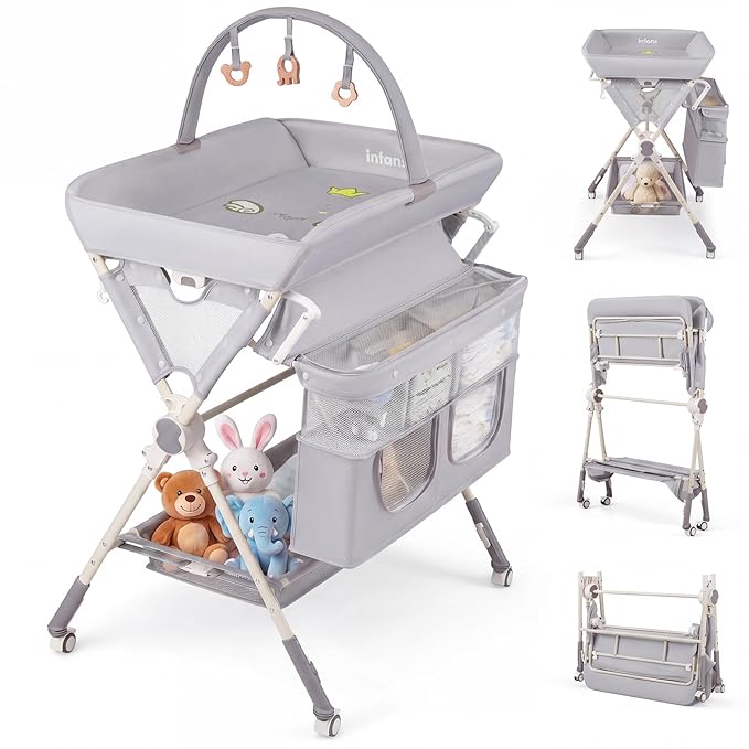 INFANS Portable Baby Changing Table with Wheels, Foldable Diaper Changing Station with Adjustable Heights, Large Organizer Storage for Newborn Infant (Light Gray)