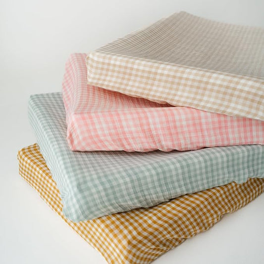 TISU Gingham Diaper Changing Pad Cover, 16 x 32 inches, Soft Muslin Cotton, Elastic Band, Check Pattern (Mustard Yellow Gingham)