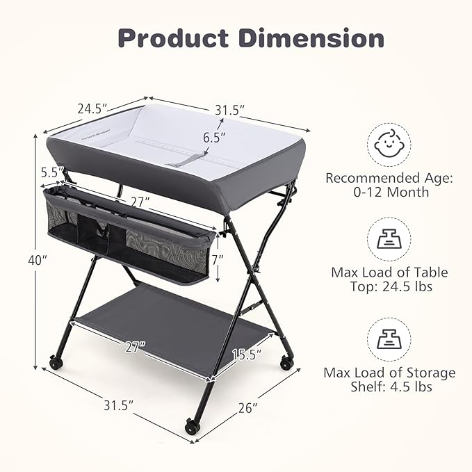 INFANS Baby Changing Table with Wheels, Portable Folding Diaper Station Nursery Organizer with Storage Basket, Hanging Rack, Adjustable Height, Safety Belt for Newborn Infant (Gray)
