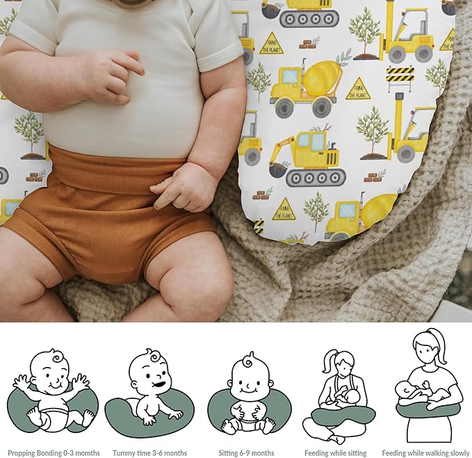 Construction Trucks Planting Baby Nursing Pillow Covers for Boy Girl Construction Digger Tractor Builder Trees Nursing Pillowcase for Breastfeeding Pillows Soft Stretchy Slipcovers for Newborn Infant