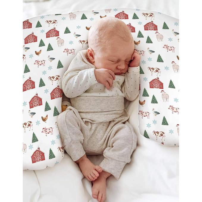 Christmas Farm Animals Life Baby Nursing Pillow Covers for Boy Girl Barn Pig Cow Lamb Hen Duck Trees Nursery Pillowcase for Breastfeeding Pillows Winter Country Farmyard Soft Stretchy Slipcovers