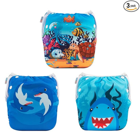 ALVABABY Swim Diapers 3pcs Baby & Toddler Snap One Size Reusable Adjustable Baby Boy 3SWY35