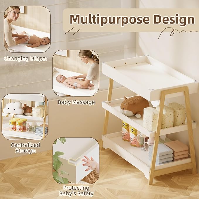 KORIMEFA Baby Changing Table with Two Open Shelves for Infant Daycare Essentials Storage - White with Natural Wood Legs