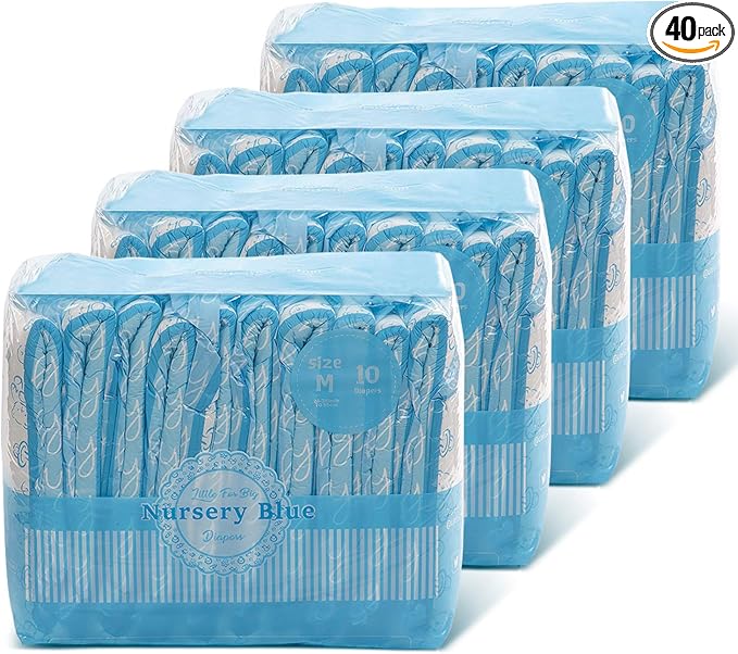 Littleforbig Adult Printed Diaper 40 Pieces (4 Packs) - Nursery Blue (Medium 28"-38")