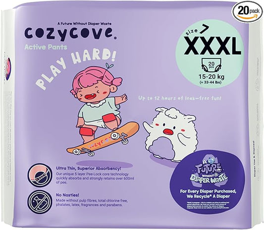 Cozycove Size 7 XXXL (33-44 lbs) Pull Up Training Pants | Totally Chlorine Free, Fragrance Free, Wetness Indicator | Play Hard Slim Active Pants | 20 Count (1 Bag of 20)