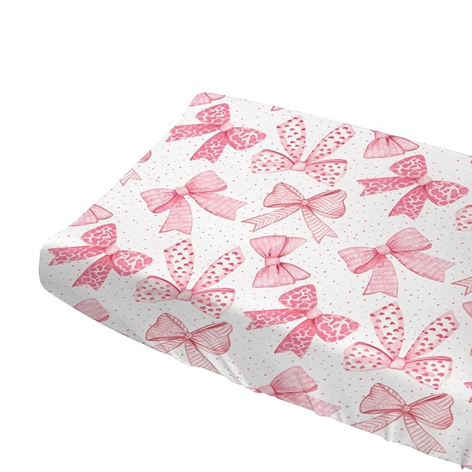 Pink Valentine Bows Baby Changing Pad Covers for Girl 32''x16'' Girly Pink Hair Bows Fitted Diaper Changing Table Sheets Valentine Hearts Love Soft Breathable Nursery Baby Changing Table Mats Pink